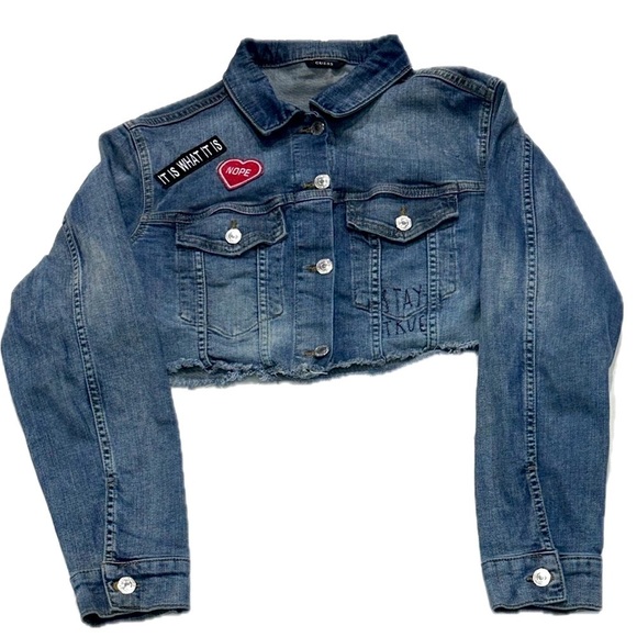 🧥🛹 GUESS Vintage Cropped Denim Jacket | Size L | Embroidered Patches 2000s - Picture 1 of 7